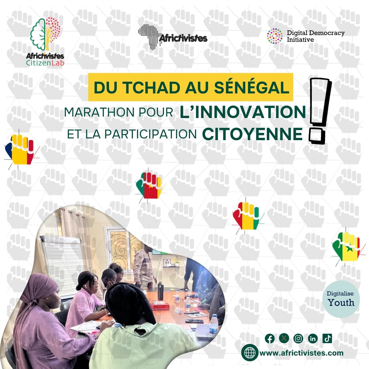 AFRICTIVISTES's tweet image. Après la Mauritanie 🇲🇷, le Bénin 🇧🇯 et Madagascar 🇲🇬, quatre nouveaux AfricTivistes CitizenLab s’installent au Tchad 🇹🇩, Cameroun 🇨🇲, Guinée 🇬🇳 et Sénégal 🇸🇳.

💪 40 acteurs de changement y ont été formés pour renforcer la participation citoyenne grâce aux #CivicTech.

🔙 Retour…