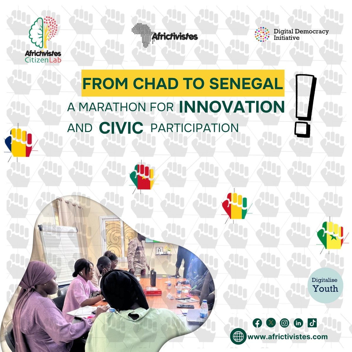 AFRICTIVISTES's tweet image. Après la Mauritanie 🇲🇷, le Bénin 🇧🇯 et Madagascar 🇲🇬, quatre nouveaux AfricTivistes CitizenLab s’installent au Tchad 🇹🇩, Cameroun 🇨🇲, Guinée 🇬🇳 et Sénégal 🇸🇳.

💪 40 acteurs de changement y ont été formés pour renforcer la participation citoyenne grâce aux #CivicTech.

🔙 Retour…