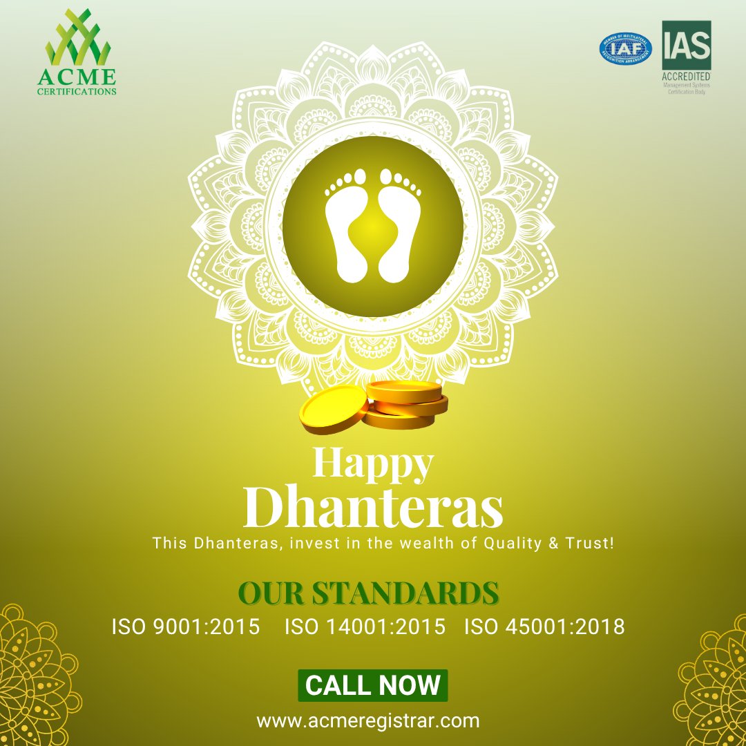 May this Dhanteras bring prosperity, precision, and perfection to your organization.
Choose ISO Certification and illuminate your path to excellence!
🌟 #HappyDhanteras #ISOCertified #QualityExcellence #AuditReady #BusinessSuccess