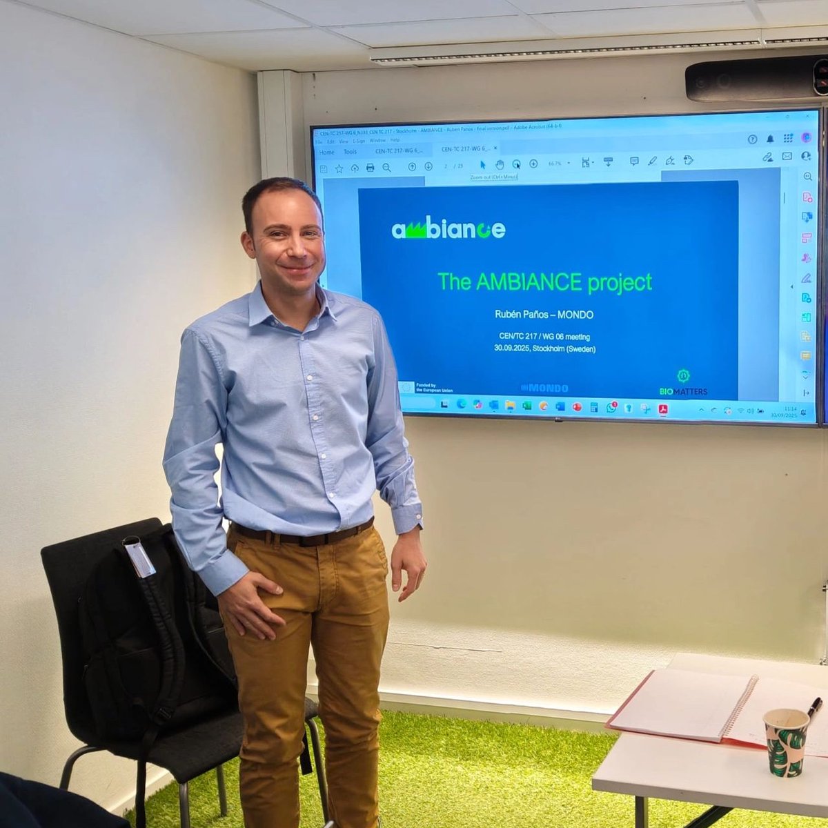 AmbianceEu's tweet image. 🌱 The plenary meeting of CEN/TC 217 “Surfaces for Sport Areas” brought together academic and industrial stakeholders, uniting the entire value chain of #SyntheticTurf in Europe.

During the session, Rubén Paños Yoldi from @mondoiberica presented AMBIANCE&apos;s results and ongoing…