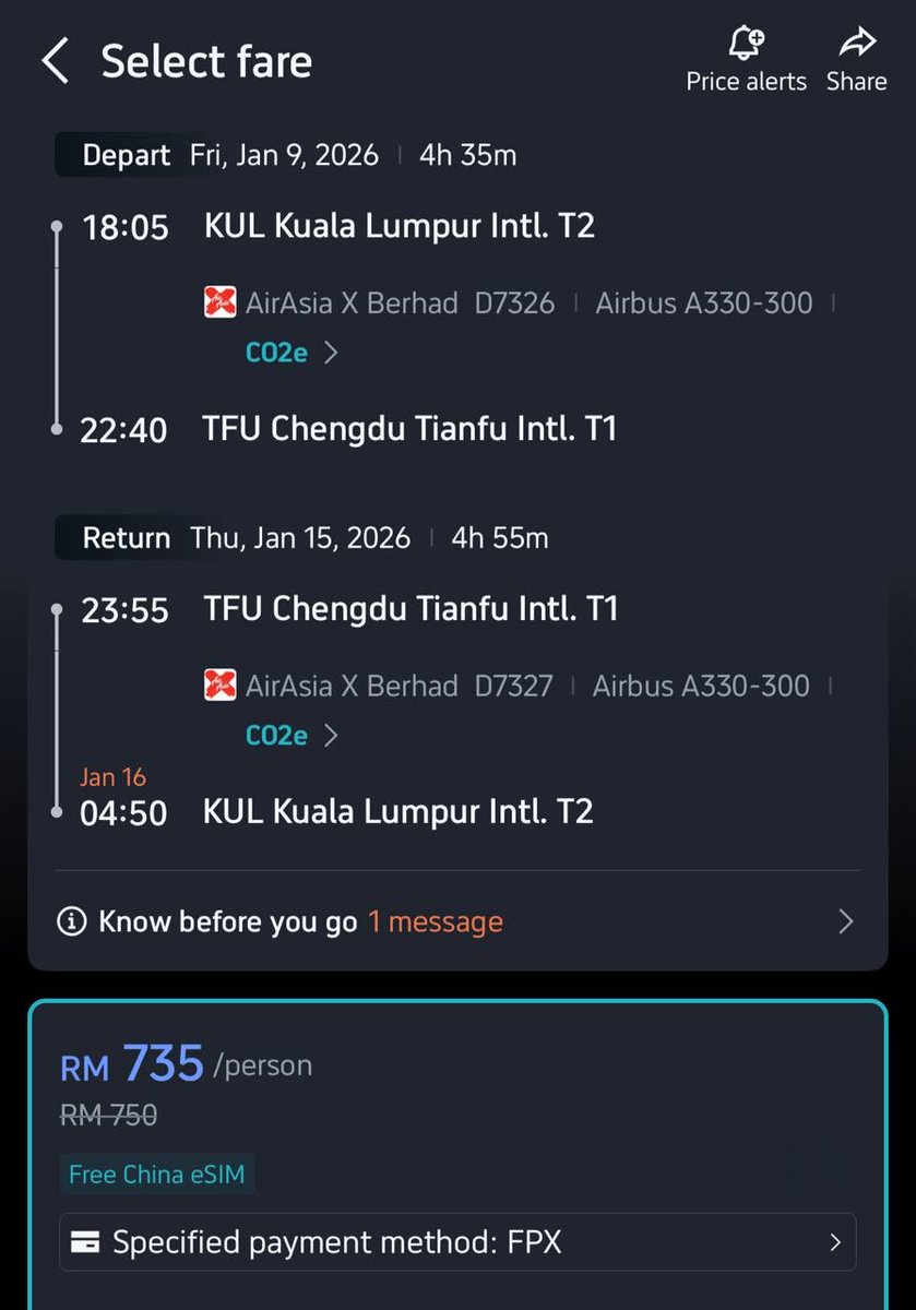 Flight AirAsia X musim sejuk &amp; salji ke Chengdu serendah RM735 pergi balik.

Tiket boleh dibeli di Trip, boleh terus booking di sini 👉🏻 invl.me/cln0smf