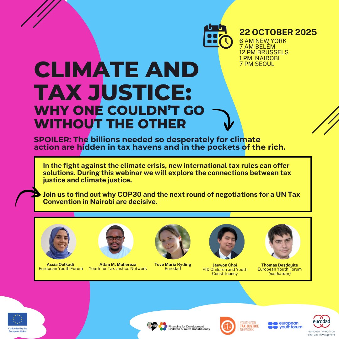 🎙️ Are you ready to hear from a power-packed panel of youth leaders and experts?

📢Then join us this Wednesday for an exciting conversation on how #climatejustice and #taxjustice are deeply connected and why one can’t exist without the other✊🏽

📅 22 October 2025
🕒 6 AM New