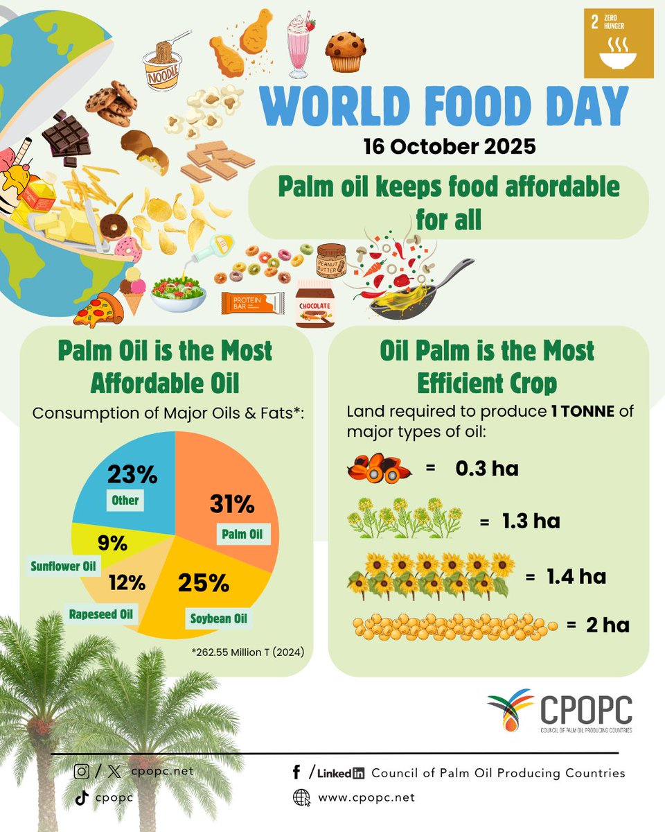 🌍 World Food Day | 16 October 2025
Palm oil keeps food affordable for all👥

This year’s theme, “Hand in Hand for Better Foods and a Better Future,” calls for stronger global collaboration to build #sustainable, #equitable, and #resilient food systems. 

🌴Palm oil plays a key