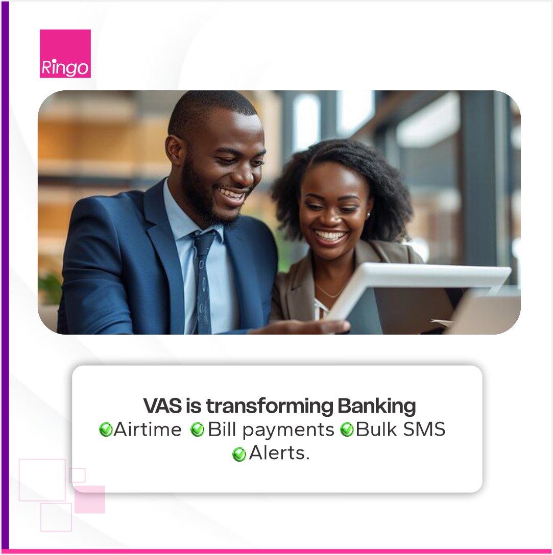 RingotelcomLtd's tweet photo. VAS is transforming banking: ✅ Airtime ✅ Bill payments ✅ Bulk SMS ✅ Alerts. 

That’s why Nigerian banks choose Ringo.

What’s your most-used service on your bank app? https://t.co/TgJmFAf3KL