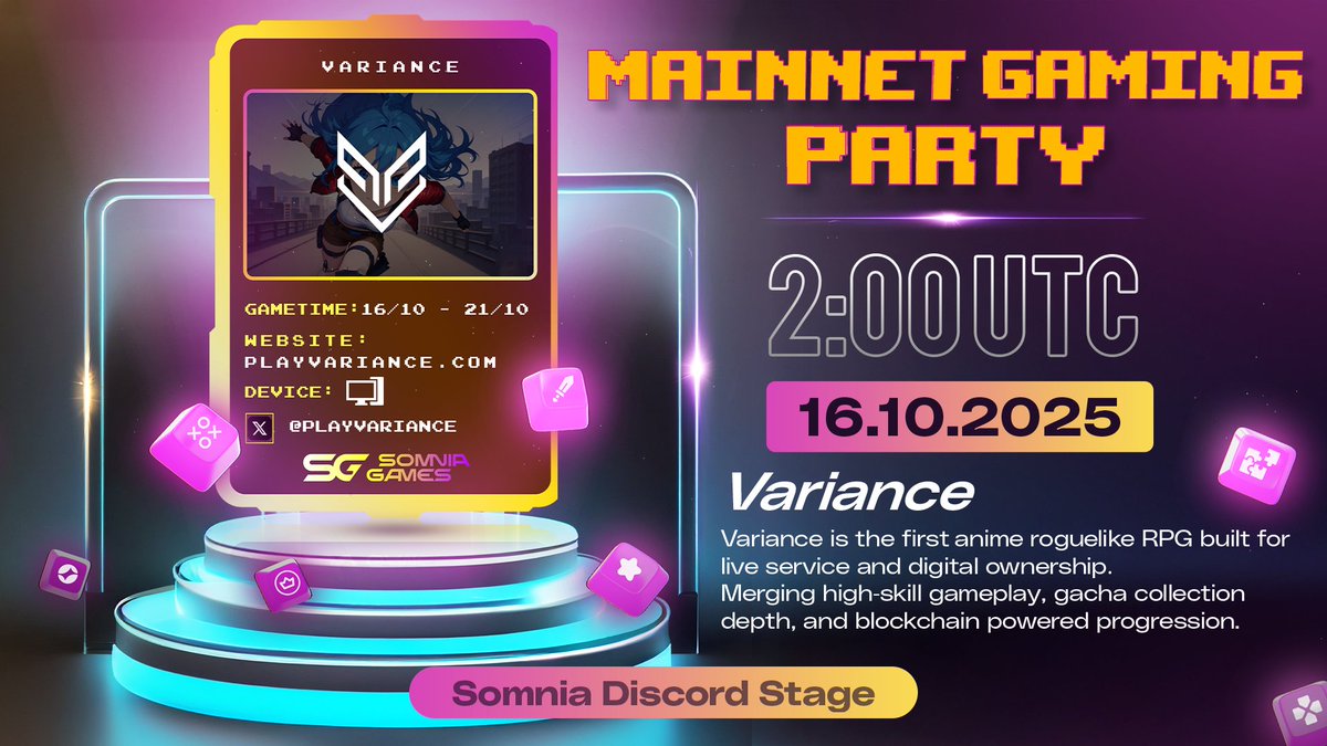 somniaGames_'s tweet photo. The Party Starts Now - Day 1 with @playvariance

The Mainnet Gaming Party officially begins today, and Variance is kicking it off. Five days, five games and leaderboards, where every player fights for the top spot.

Join the Discord event at 2PM UTC October 16th.

We’ll be watching the first matches and tracking who rises fastest.