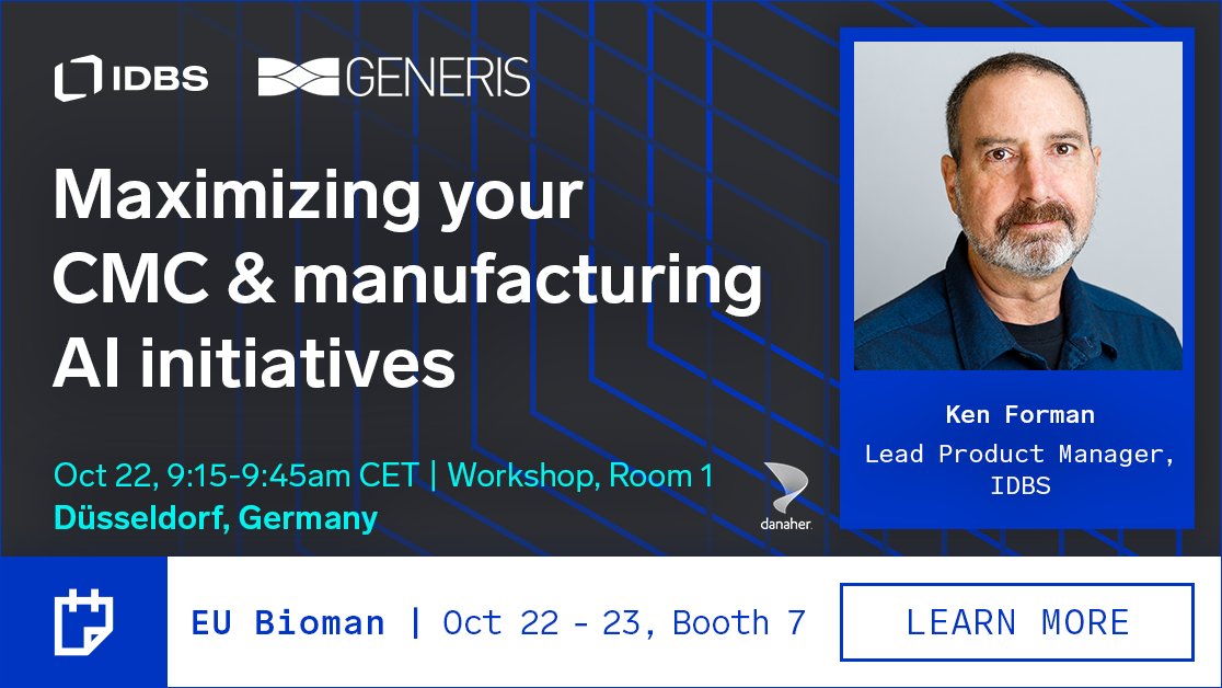 IDBSsoftware's tweet image. We’re thrilled to be heading to Düsseldorf next week for the exclusive European Biomanufacturing Summit.
Don't miss Ken Forman's workshop on October 22.
Let’s connect at booth #7!
Learn more: ow.ly/gFiw50Xcf8k
#AI #LLMs #processdevelopment #Biomanufacturing #BioEU25