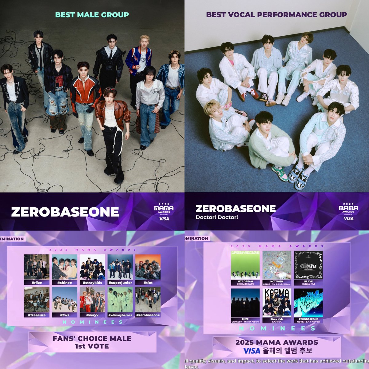 [📢 2025 MAMA AWARDS] 

ZEROBASEONE is nominated for: 

🏆 BEST MALE GROUP
🏆 BEST VOCAL PERFORMANCE 
🏆 ALBUM OF THE YEAR 
🏆 WORLDWIDE FANS' CHOICE

— For this year's MAMA AWARDS! 🎉 We are so proud of our nine for achieving so much every year. Zeroses let's work hard on the