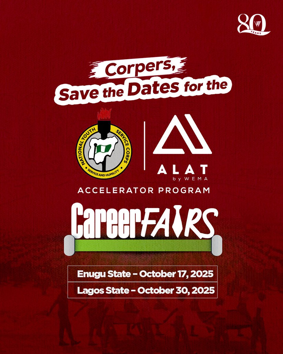 alat_ng's tweet image. Building tomorrow’s leaders starts today.
Join the ALAT by Wema Accelerator Career Fair, a space to learn, connect, and grow.
#WemaBank #ALATbyWema #AcceleratorProgramme #NYSC
