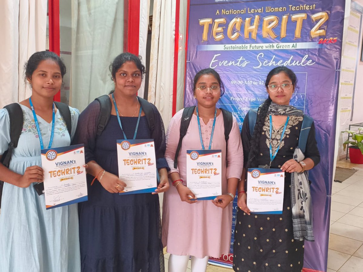 lendi2008's tweet image. We’re proud to share that 3rd-year CSE (AIML) students — K. Meghana, L. Sruthi, K. V. S. Harshita &amp;amp; R. Ramya — won 🥇 1st Prize &amp;amp; 💰 Rs 3000 in “Genesis – Ideathon” at TECHRITZ 2025 by Vignan Women’s College! 🎉
#LendiPride #CSEAIML #TechRitz2025 #Innovation #WomenInTech #LIET