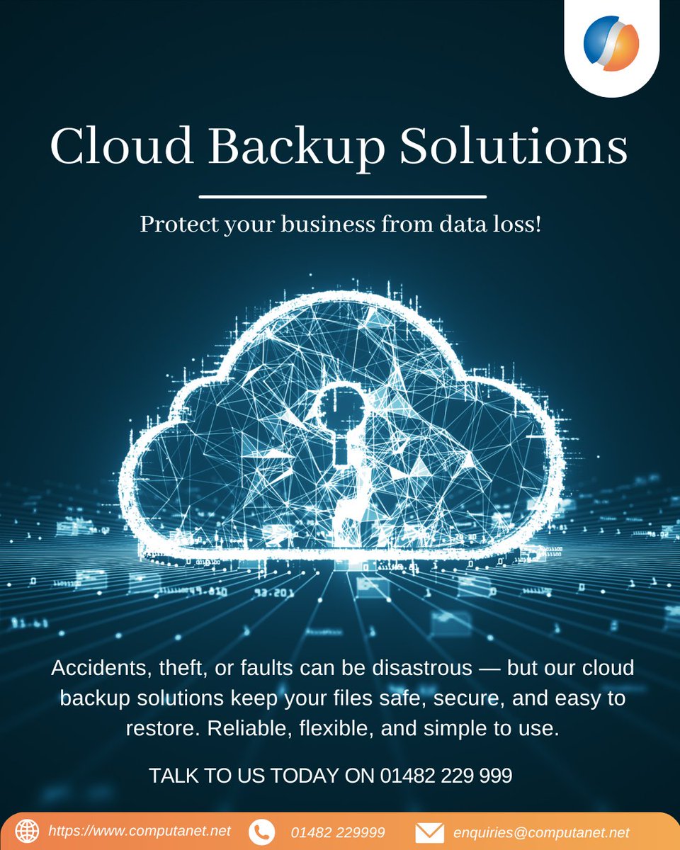 ComputanetMSP's tweet image. What would you do if your business lost all its data overnight? 😱Don’t wait for disaster — back it up before it’s too late. Our cloud backup keeps your files safe and ready to restore. ☎️ 01482 229 999 | 🌐computanet.net #TechSupport #CloudSolutions #DataBackup