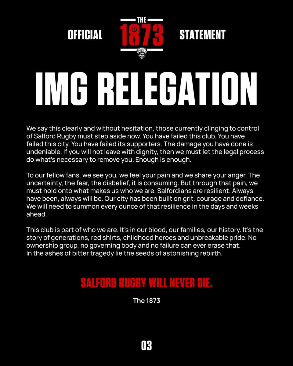 IMG has confirmed it. Salford are relegated after 17 years in the top flight. 

Not because of the fans or the players, but because of broken promises and disgraceful leadership.

The darkest chapter in our modern history. 

The 1873