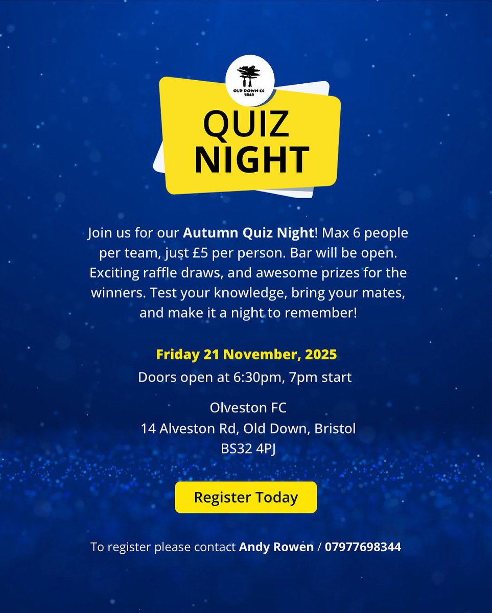 🍂 Autumn Quiz Night! 🍂 Max 6 per team, just £5/person.Bar will be open, epic raffle draws and awesome prizes for the winners!

📅 Friday 21 November 2025  
🚪 Doors open 6:30pm | Quiz starts 7pm  

Register TODAY: Contact Andy Rowen on 07977698344  #AutumnQuizNight