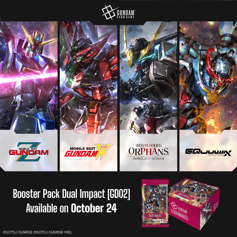 GUNDAM_GCG_ENG's tweet photo. Booster Pack Dual Impact [GD02]
Available on October 24！
Mobile Suit Gundam series join the fray one after another!
