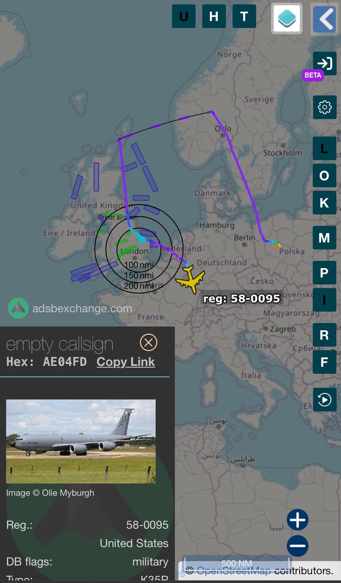 RAKE55 (58-0095) KC-135 

A very long sortie for RAKE55 this morning. Departing from POWIDZ at 01:00am local time heading up to northern Norway for a refuelling mission then returning back to mildenhall after being deployed for 10days. 

As it approached UK airspace it had to