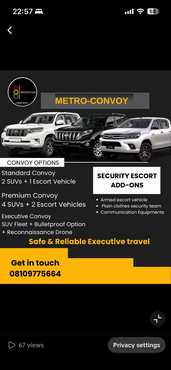 Need a convoy of vehicles for political engagements , community engagements, courtesy visits, executive transportation etc

Talk to MetrocabsNG 

Get in touch : 08109775663