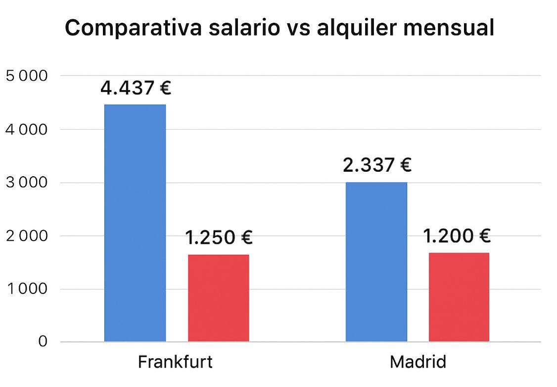 🇩🇪 Salario mediano de Alemania: 53.250€ brutos anuales
🇪🇸 Salario mediano de España: 28.050€ brutos anuales 

🇩🇪 Alquiler en Frankfurt: 19,3 €/m² 
      (1250 €/mes)
🇪🇸 Alquiler en Madrid: 22,7 €/m² 
      (1.200 €/mes)