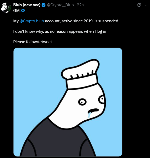 Gm $S fam! 

Give the man <a href="/Crypto__Blub/">Blub (new acc)</a> a follow. Old acc suspended, now on a comeback arc! 

No.1 researcher &amp; threadoooor.