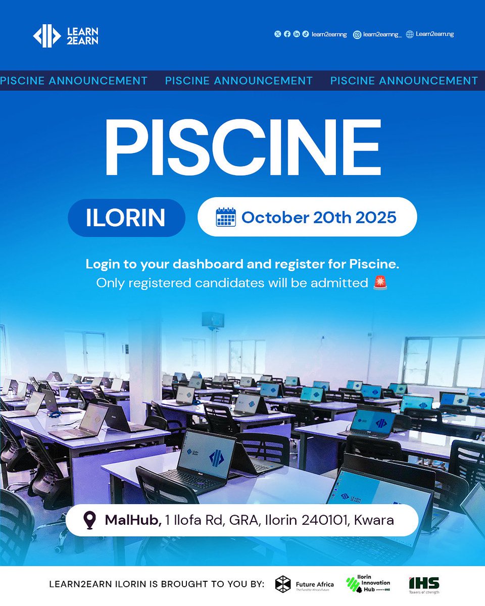 ILORIN, are you ready to dive in? 
The Learn2Earn Piscine (our coding bootcamp) kicks off on Monday October 20th, 2025!

It’s your turn to Learn to Earn, collaborate, and challenge yourself like never before.

📍 MalHub, 1 Ilofa Rd, GRA, Ilorin
🗓️ Monday October 20th, 2025
Time:
