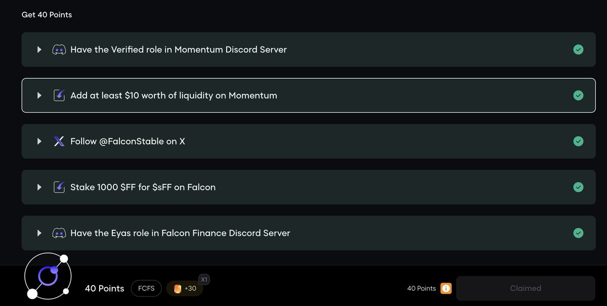 Daha önce <a href="/FalconStable/">Falcon Finance 🦅🟠</a> NFT-si için 1000 $FF stake etmiştik. <a href="/MMTFinance/">MomentumⓂ️Ⓜ️T</a> falcona özel 200 Deed wlsi dağıtıyor. Görevlerde min 10 dolar momentum depositi ve 1000 $FF stake şartı var. Zaten çoğu kişi ikisini de yapmıştır. Yapmış olan varsa katılsın
app.galxe.com/quest/Momentum…