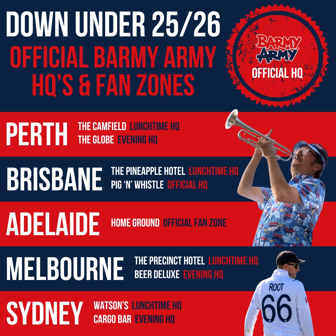 🚨 OFFICIAL HQ'S &amp; FAN ZONES 🚨

We're excited to announce the official Barmy Army HQs and Fan Zones for the 2025/26 Ashes 🍻

Each city will host a selection of lively venues where fans can come together before, during and after play 🏴󠁧󠁢󠁥󠁮󠁧󠁿

Find out more ➡️ tinyurl.com/y8pnb6t7