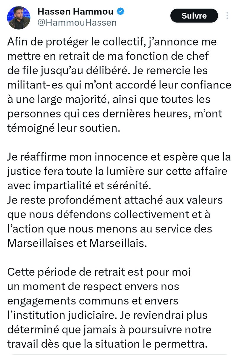 cjuste13's tweet photo. Je salue la décision responsable d’Hassen Hammou de se mettre temporairement en retrait de sa fonction de chef de file des écologistes marseillais.
Un geste respectueux des militant.e.s et des valeurs que nous portons collectivement.
La sérénité doit désormais prévaloir. https://t.co/YukQ7TTNbV