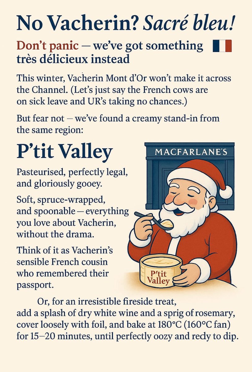 There just won’t be any Mont d’Or this year. No unpasteurised cheese from France for the UK this year. ⁦<a href="/loveclapham/">Clapham</a>⁩ ⁦<a href="/claphammums/">ClaphamMums</a>⁩ ⁦<a href="/ClaphamCommon1/">Friends of Clapham Common</a>⁩ ⁦⁦<a href="/thisisclapham/">This is Clapham</a>⁩ ⁦<a href="/claphamwi/">Clapham WI</a>⁩ ⁦<a href="/VillageLifeSW4/">Abbeville Life</a>⁩ ⁦<a href="/CoolClapham/">AbbevilleVillage</a>⁩