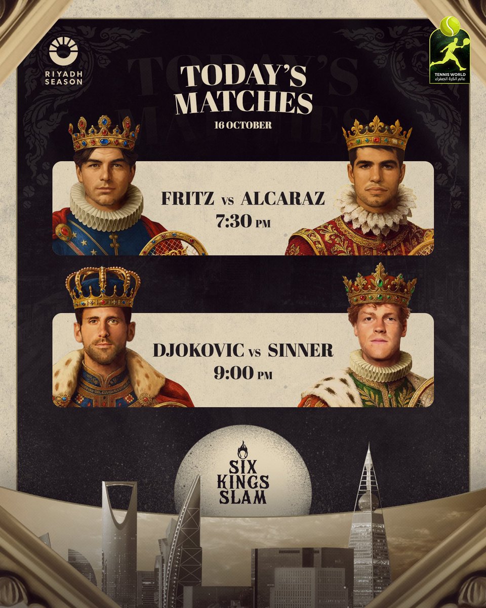 Tennis_World20's tweet photo. 📆 مواعيد مباريات اليوم نصف نهائي بطولة Six Kings Slam :

الكاراز vs فريتز ( 7:30 مساءً )
سينر vs جوكوفيتش ( ليس قبل 9:00 مساءً )

البطولة منقولة على Netflix. https://t.co/ZiVOlYKF2e