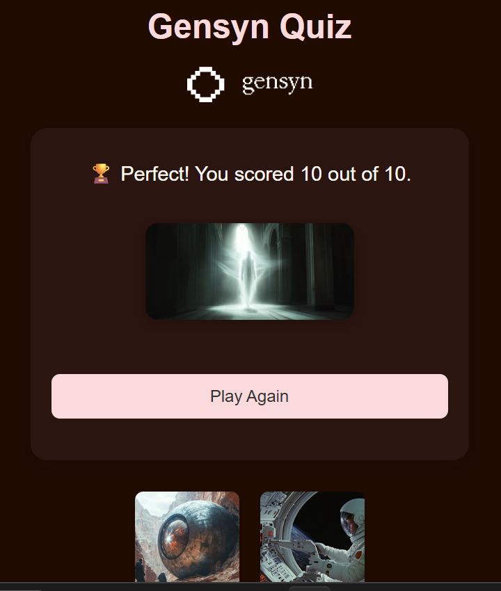 kongclaves's tweet photo. gswarm 🐝 Gensyn club
i made a simple quiz to help access your knowledge about @gensynai. 10 questions, show me what you got. i will start by sharing my own score(it's perfect, i made the quiz😅)
share your score frens!: https://t.co/R9SMyYDtuj https://t.co/XUMLPUitj9