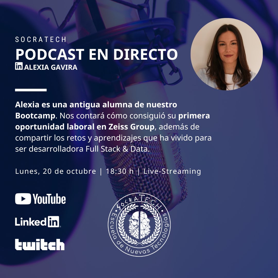 socratech_'s tweet image. ¡Nuevo episodio del podcast de SocraTech! 🎙️ 
En esta ocasión hablaremos con Alexia Gavira, antigua alumna de nuestro bootcamp, que nos cuenta su historia desde el momento en que decidió dar un giro a su carrera y conseguir su primer trabajo en el #desarrollodesoftware