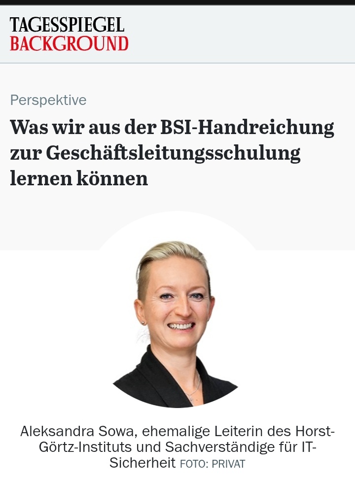 kryptomania84's tweet photo. Neue Kolumne im @TspBackgroundCS: "Was wir aus der BSI-Handreichung zur Geschäftsleitungsschulung lernen können". Pragmatische Überschrift zur einer pragmatischen Empfehlung 🤖 https://t.co/Fsl0TkC2I4 #NIS2 #BSIG https://t.co/QhpfRFPcNf