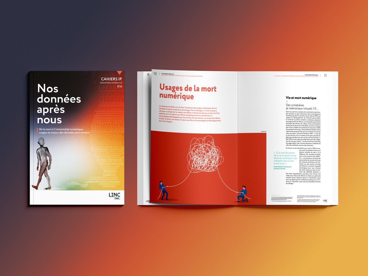 CNIL's tweet image. 📢 La CNIL publie son 10e Cahier IP « Nos données après nous » 👉 cnil.fr/fr/cahier-ip-n…
Proposé par le @LINCnil, il explore la vie des données après la mort : gestion, transmission et nouveaux usages comme les agents conversationnels fondés sur les données des défunts.