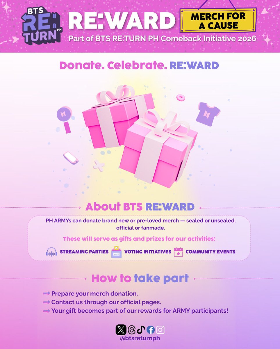 💜✨GIVE MERCH, GIVE MOTIVATION!🎁
PH ARMY, your extra BTS merch can help fuel our comeback projects!💪
Every donation = stronger streaming &amp; voting power🫶

📝tinyurl.com/BTSREWARDForm  
🌐btsreturnph.com/s-projects-sid… 

#BTSReWards #PHARMYsUnite #BTSRE_TURNPH