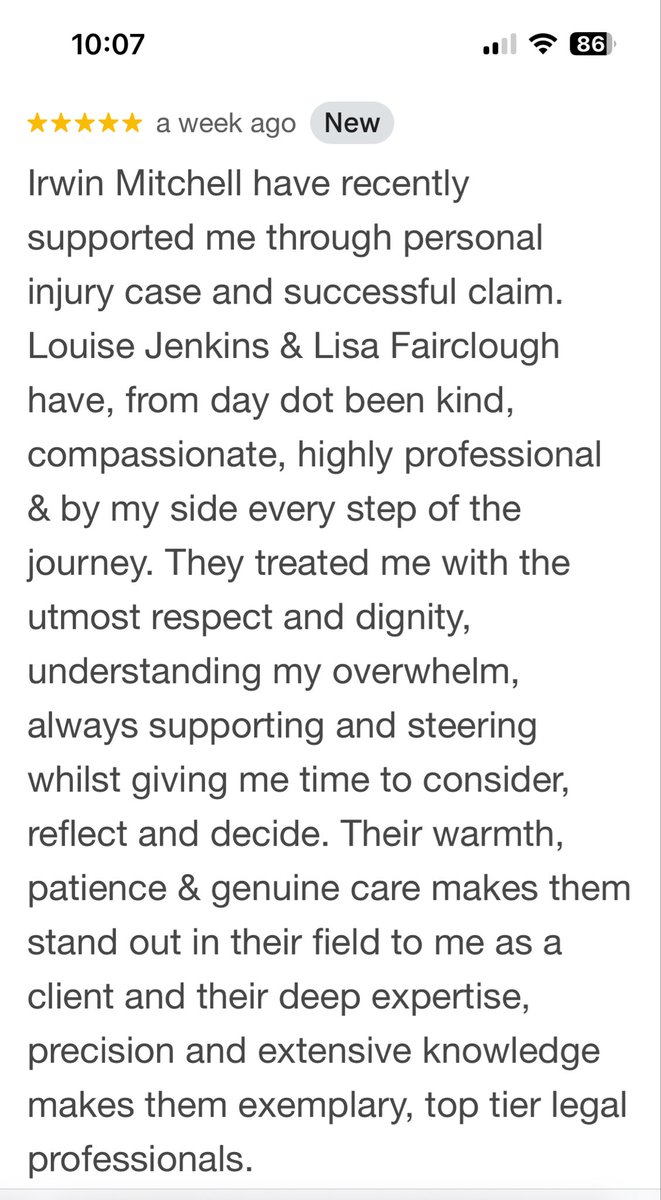 Wow, 5* google review for my fabulous colleagues <a href="/louisejenkinsIM/">Louise Jenkins</a> <a href="/LCFairclough_IM/">Lisa Fairclough</a> #experthandhumantouch <a href="/irwinmitchell/">Irwin Mitchell</a>