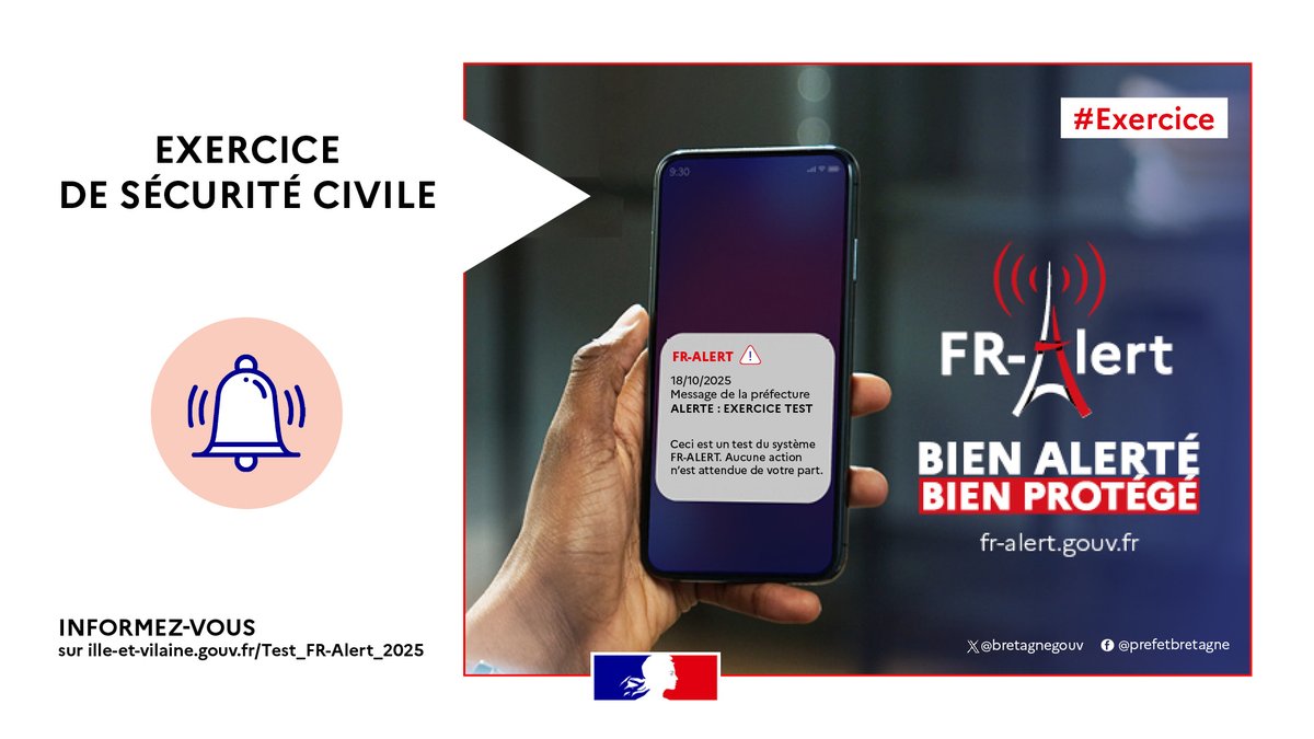 #Exercice | 📲 Si vous recevez un message d’alerte sur votre téléphone, c’est normal : il s’agit d’un exercice.

🔁 Partagez l'information : exercice #FRAlert organisé en #IlleEtVilaine, samedi 18 octobre vers 11h.

ℹ️ Plus d'informations sur ille-et-vilaine.gouv.fr/Test_FR-Alert_…