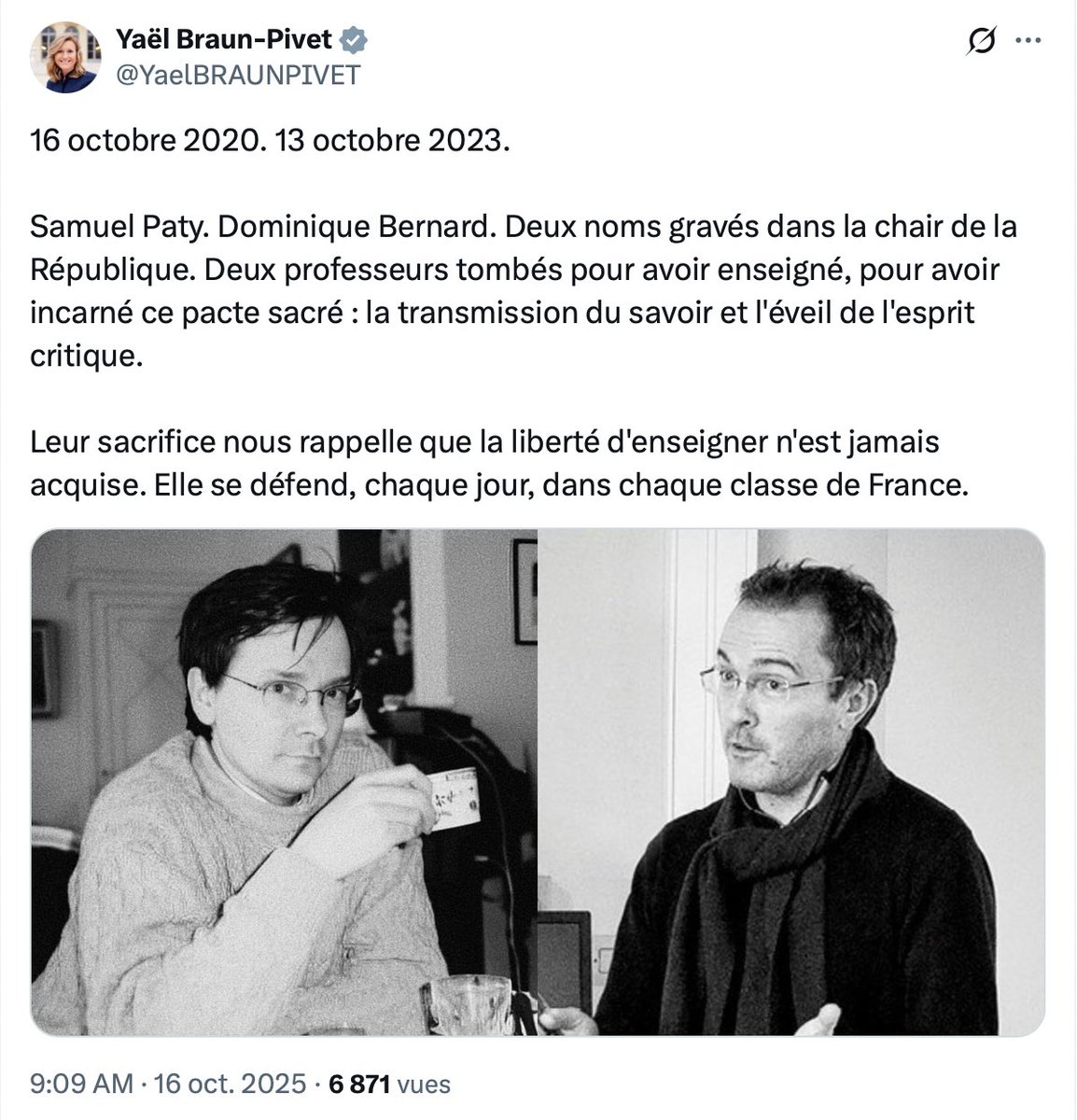🔴🇫🇷 𝗔𝗟𝗘𝗥𝗧𝗘 𝗜𝗡𝗙𝗢 — Polémique après un post de Yaël Braun-Pivet affirmant que Samuel Paty et Dominique Bernard ont fait un « sacrifice ».

Ils ont été ASSASSINÉS par des TERRORISTES ISLAMISTES.
Samuel Paty a été DÉCAPITÉ, Dominique Bernard POIGNARDÉ à mort.

Un sacrifice