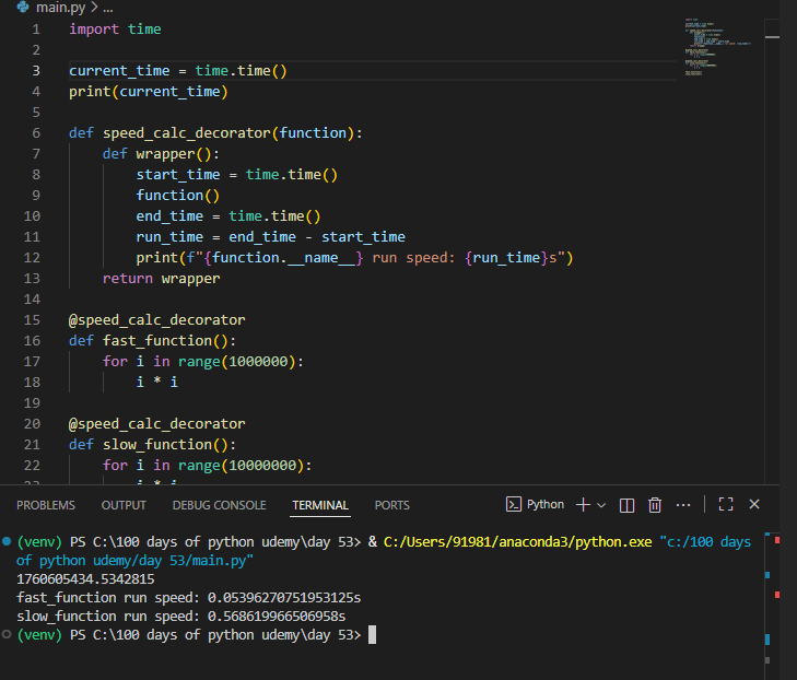 chiragdhawan07's tweet image. Day 53 of #100DaysOfCode
Project: Function Speed Calculator

Today’s wins:
• Built a custom Python decorator
• Measured function execution time with time.time()
• Understood how decorators wrap &amp;amp; enhance function

Code in Day53_FunctionSpeedCalculator📂
github.com/chiragdhawan07…