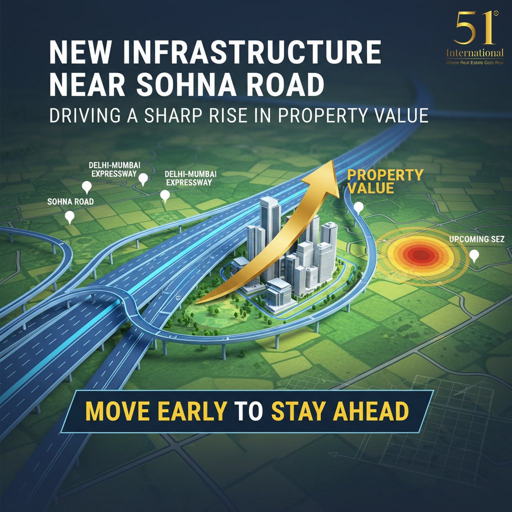 Fifty1Intl's tweet photo. New infrastructure is transforming Sohna Road and property values are rising fast. 
Smart investors are moving early.

Are you ?

#51international #SohnaRoad #GurgaonRealEstate #PropertyInvestment #Gurugram https://t.co/v2SFFEw8fS