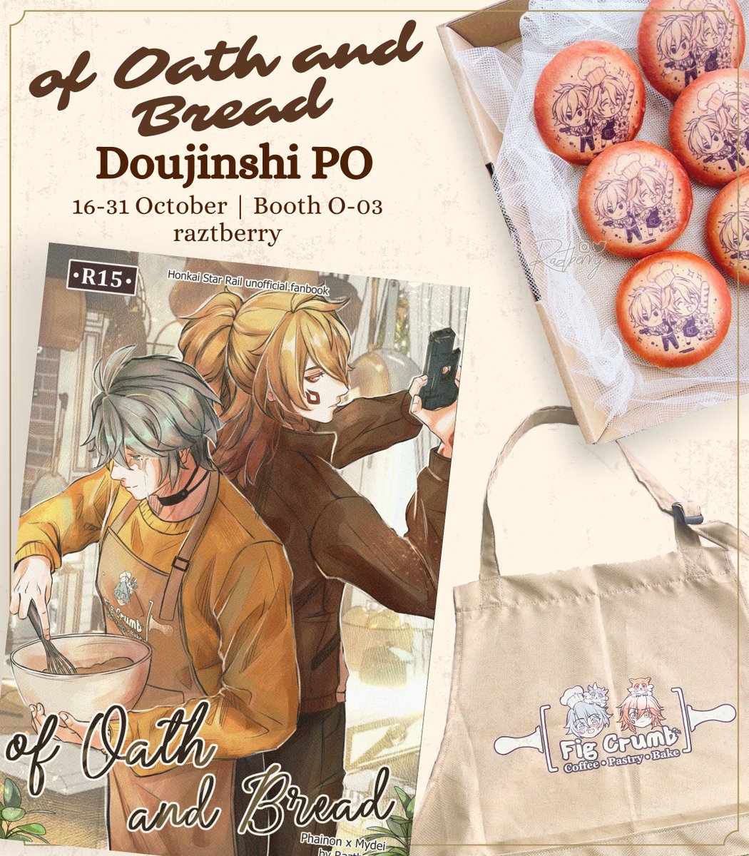 RT&amp; ❤︎ are appreciated!

im back with a new doujinshi featuring #phaidei! But with a twist, i wonder why phainon decided to open up a bakery... 🧐

🗓️ 16-31 October
📦 pickup &amp; mail (local &amp; intl) 
📍 Booth no: O-03

More details🔗 below
#comifuro21 #CF21phaidei