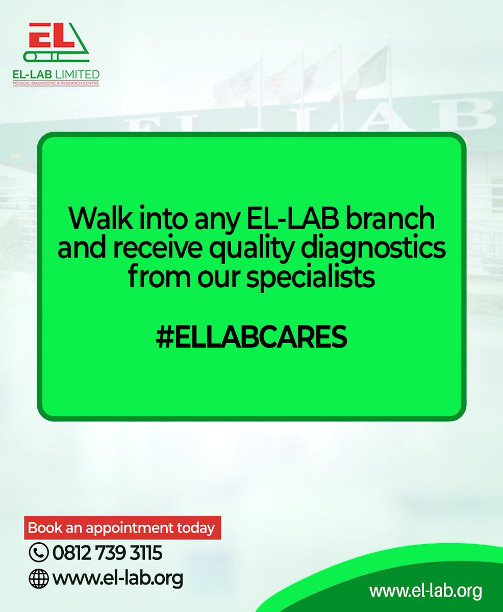 Ellab_ng's tweet image. Visit any EL-LAB branch for quality service you can count on.

Call: 08127393115 or DM us to book your test!

Visit our website: el-lab.org

#ELLABCARES #DiagnosticExcellence #InsideELLAB