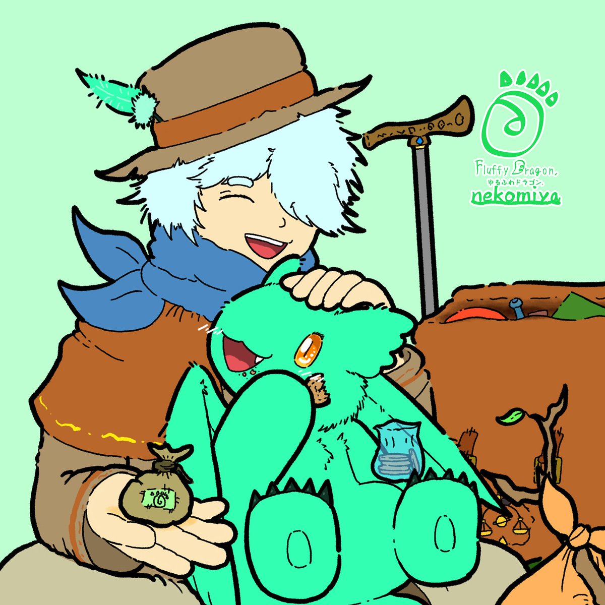 【ゆるふわドラゴン】(再掲)
「旅人と風竜の子」
◆もっと旅のお話し聞かせてほしいのです！

#イラスト