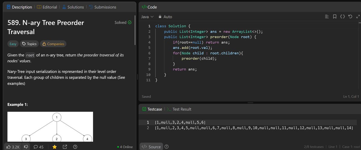 gaikwadprajesh's tweet image. 🚀 Day 31 of #100DaysOfCode
     
✅ 589. N-ary Tree Preorder Traversal
#DSA #Java #LearninPublic