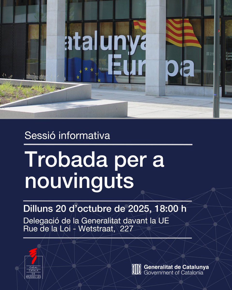 📢 Sessió informativa per a nouvinguts

Us esperem dilluns 20 d’octubre a l’Espai Catalunya Europa de la Delegació del Govern de Catalunya davant la UE, per a la trobada de nouvinguts del <a href="/CasalCatBRU/">Casal Català BRU</a>.

📍 Rue de la Loi 227, 1040 Brussel·les, Bèlgica
⏰ 18:00 h
🆓 Entrada lliure