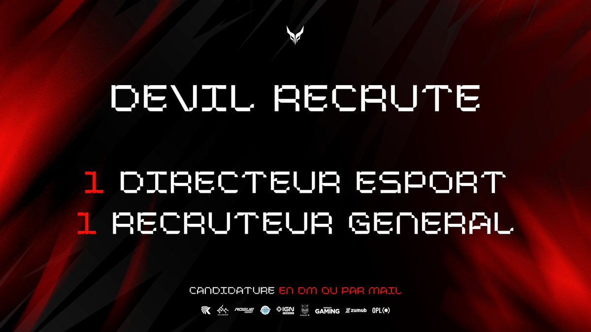 📢[𝗥𝗘𝗖𝗥𝗨𝗧𝗘𝗠𝗘𝗡𝗧]

Nous sommes actuellement à la recherche d'un Directeur Esport et Recruteur Génèral [homme ou femme].

Conditions :  
- Âge minimum 18 ans 
- Expérience préalable nécessaire avec un CV

Contactez en Dm📩ou par mail : devil.esport.2017@gmail.com

🟥⬜️⬛️