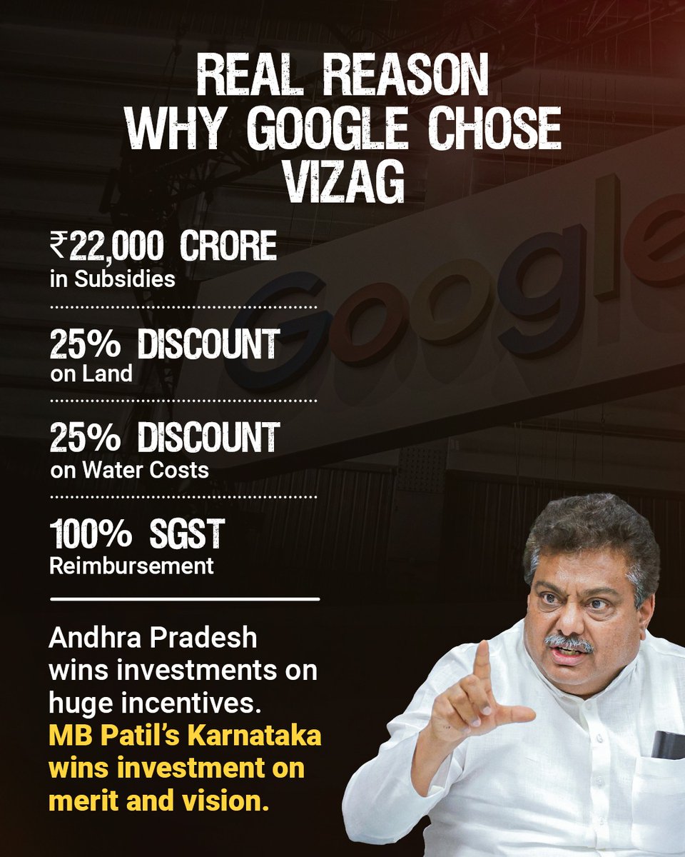 गूगल ने विशाखापत्तनम को क्यों चुना.? इसकी वजह,

22,000 करोड़ रुपये की सब्सिडी
भूमि पर 25% छूट
पानी की लागत पर 25% छूट
100% एसजीएसटी प्रतिपूर्ति

आंध्र प्रदेश को भारी प्रोत्साहन पर निवेश प्राप्त हुआ।

<a href="/MBPatil/">M B Patil</a> की कर्नाटक सरकार ने योग्यता और दूरदर्शिता के आधार पर निवेश हासिल किया।