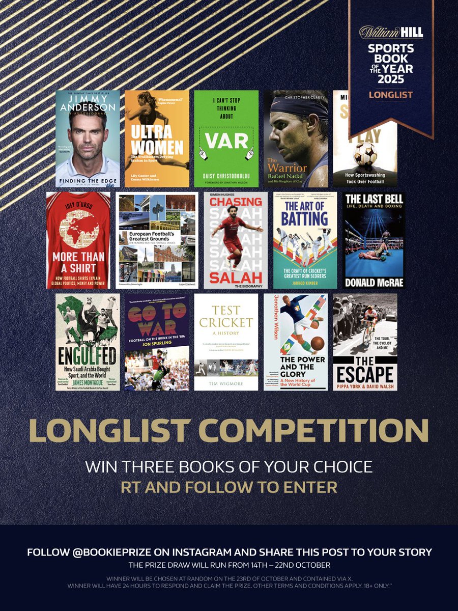 🎉 𝑰𝑻'𝑺 𝑪𝑶𝑴𝑷𝑬𝑻𝑰𝑻𝑰𝑶𝑵 𝑻𝑰𝑴𝑬... 

As we look towards the release of the William Hill Sports Book of the Year Awards' shortlist, we're giving you a chance to win three books of your choice from the longlist!📚

Follow the steps below. 👇 

18+ I Terms apply