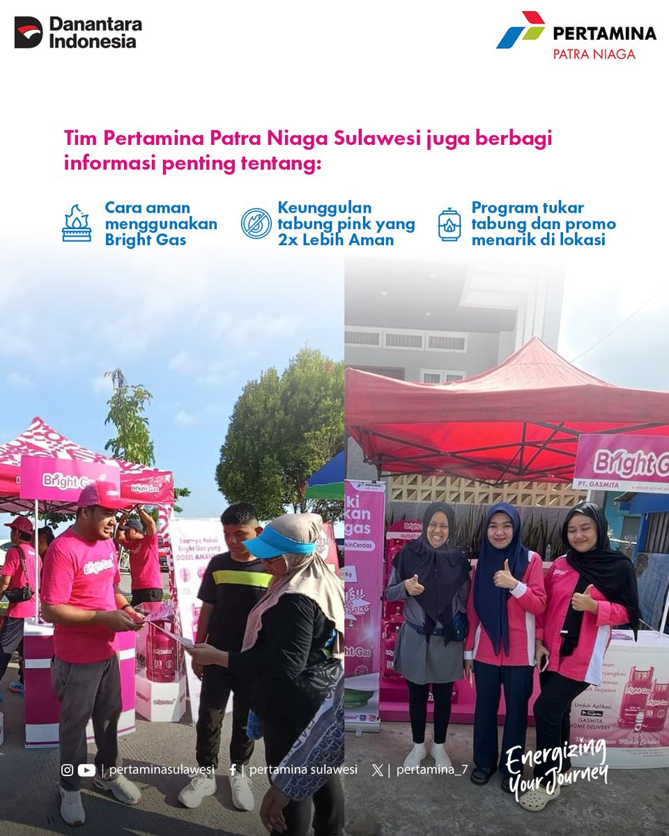 pertamina_7's tweet photo. Energi positif pagi membara di Car Free Day Mamuju dan Pare-Pare! 💗🔥
Bersama Bright Gas, warga ikut seru-seruan sambil belajar cara aman dan efisien menggunakan LPG di rumah 

Dari olahraga pagi, edukasi, sampai promo menarik — semua penuh semangat dan tawa! 
Pertamina Patra Niaga Sulawesi akan terus hadir lebih dekat, menghadirkan energi yang aman, bersih, dan penuh manfaat untuk masyarakat.

#PertaminaPatraNiagaSulawesi #BrightGas #EnergiUntukNegeri #SafetyFirst #CFD #Mamuju #ParePare #LPGAman