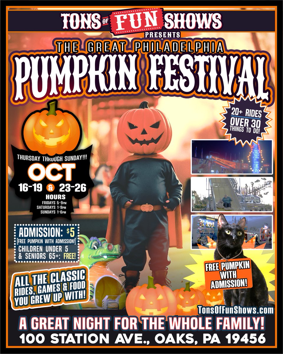 Starting tonight! Tons of Fun Shows presents... the Great Pumpkin Festival!

Two weekends:
Oct 16 - 19, Oct 23 - 26
📍Greater Philadelphia Fairgrounds

—
Follow more events at Expo and the Fairgrounds:
📆 phillyexpocenter.com/calendar
📥 phillyexpocenter.com/newsletter

—-
#makeitmontco #fair