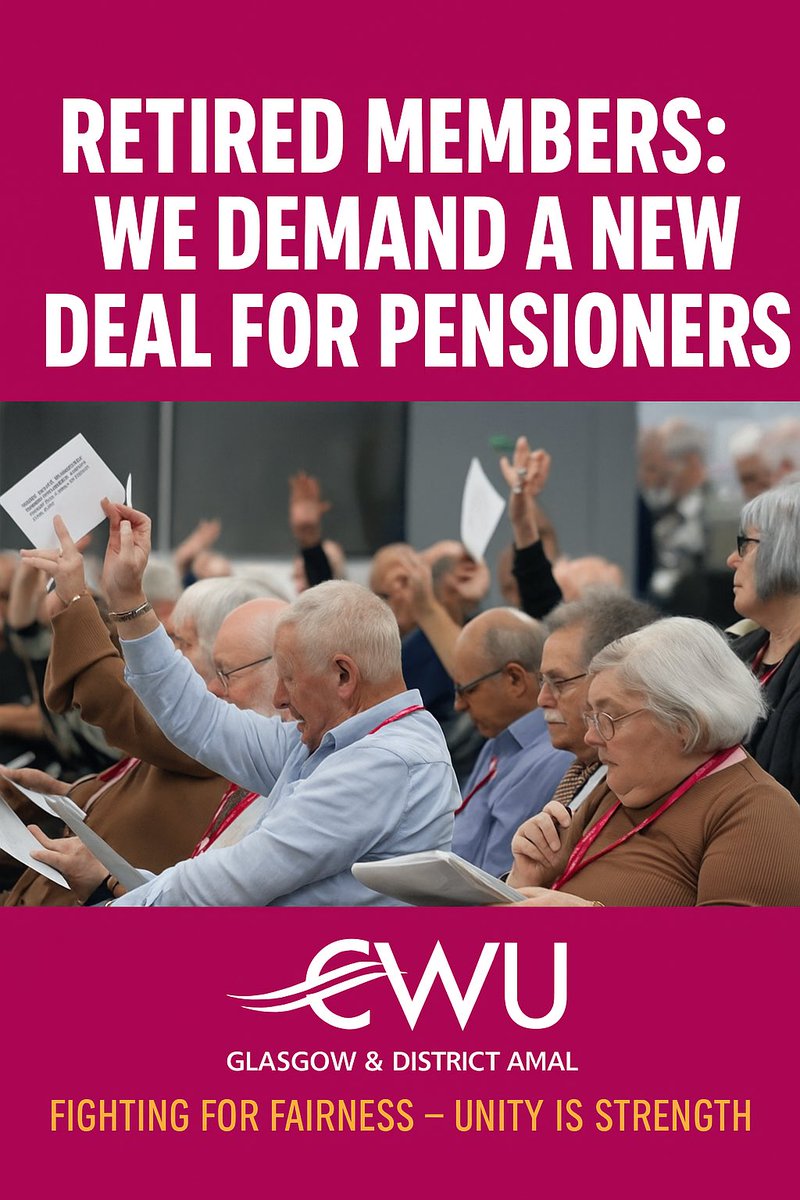 CwuGlasgow's tweet image. Retired CWU members are demanding a 💪 New Deal for Pensioners — standing up to the excessive abuse older people face from politicians.

Over 80 delegates met in Birmingham to plan action.
👉 cwu.org/news/retired-m…

#CWU #RetiredMembers #CWUGlasgow