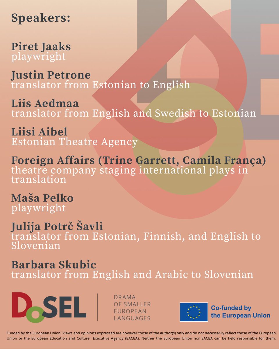 𝐑𝐨𝐮𝐧𝐝 𝐓𝐚𝐛𝐥𝐞 𝐚𝐧𝐝 𝐏𝐫𝐞𝐬𝐞𝐧𝐭𝐚𝐭𝐢𝐨𝐧 𝐨𝐟 𝐑𝐞𝐬𝐮𝐥𝐭𝐬: 
Estonian–English–Slovenian and Slovenian–English–Estonian Translation Workshop

📅 Saturday, 18 October, 14:00
📍 Društvo slovenskih pisateljev/Slovene Writers' Association, Tomšičeva 12, Ljubljana