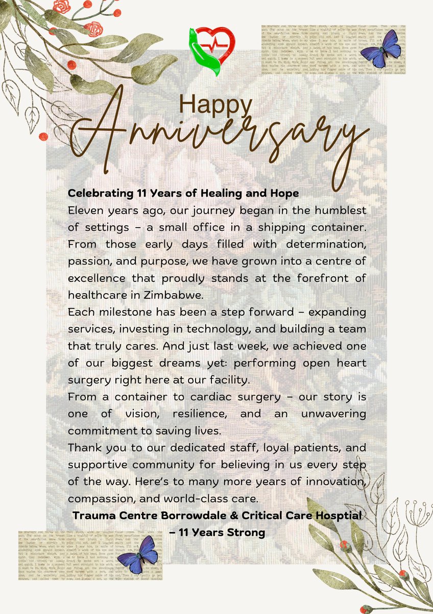 🥳🥳🎉🎉 Happy 11 year anniversary to us and many more!
From a container to open heart surgery!!!!
#celebrate #celebration #anniversary #hospital #doctor  #healthcare #Zimbabwe  <a href="/ZtaUpdates/">Zimbabwe Tourism Authority</a> <a href="/zimsaofficial/">Zimbabwe Medical Students Association</a>  <a href="/doksolanki/">Dr Vivek Solanki 🇷🇸</a>  <a href="/DoctorsWomen/">Zimbabwe Women Doctors Association</a>  <a href="/MOTHI_ZIMBABWE/">Min of Tourism and Hospitality Industry Zimbabwe</a> 🇿🇼🇿🇼🇿🇼